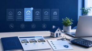 Whole-of-Market Mortgage Brokers comparison workspace with lender options, model home, keys, calculator and mortgage paperwork.