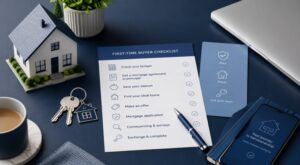 Buying Your First Home Without the Uncertainty – first-time buyer checklist, house keys and model home.