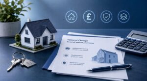Understanding Second Charge Mortgages with a model home, property keys, calculator and secured finance documents.
