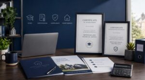 Mortgage Broker Qualifications UK displayed through professional certificates, compliance icons, study materials and mortgage advice documents in a modern blue office.
