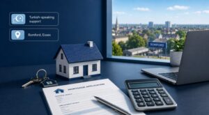 Turkish Speaking Mortgage Broker in Romford with mortgage application, model house, keys and calculator.