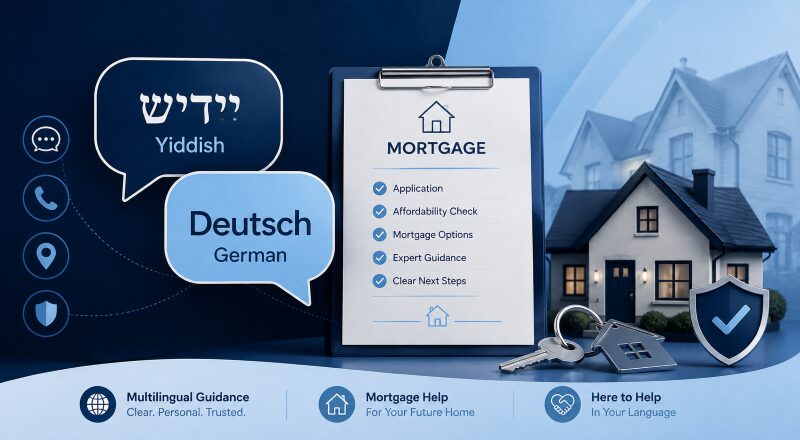 UK Mortgage Guide for Yiddish and German Speakers with multilingual mortgage, home, key and protection icons.