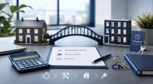 Bridge-to-Let Mortgages illustrated with a property bridge, refurbishment budget, rental income, exit plan and tenancy keys.