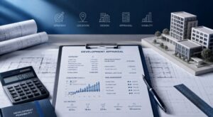 Property Development Appraisal Tool with architectural plans, development cost analysis, calculator and scale building model.