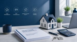 Second Charge Mortgages represented by a house model, mortgage documents, calculator and property keys.