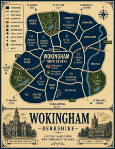 Mortgage Adviser in Wokingham Vintage illustrated map poster of Wokingham, Berkshire, with a cream parchment background and dark navy neighbourhood areas centred on Wokingham Town Centre. The map shows labelled roads, railway line, Wokingham Station, bus station, shopping areas, schools, churches, parks, green spaces and water features. Surrounding areas include Norreys Avenue, Emmbrook, Winnersh, Sindlesham, Barkham, Easthampstead, Shute End, Holme Green and Woosehill. Key landmarks include Wokingham Town Hall, All Saints’ Church, Peacock Shopping Centre, Carnival Pool and Library, Wokingham High School, The Emmbrook School, St Crispin’s School, Cantley Park, Roundhill Park and Calcott Park. A decorative lower panel reads “WOKINGHAM, BERKSHIRE” with engraved-style illustrations of Wokingham Town Hall and All Saints’ Church, plus the subtitle “A historic market town with community at its heart.”