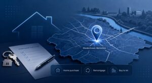 Mortgage Broker Maidenhead location map with property, mortgage checklist and home finance icons in branded blue tones.