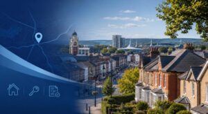 Mortgage Broker in Aldershot with local townscape, homes, location pin, key and mortgage document icons.