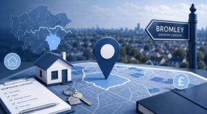 Mortgage Broker in Bromley BR1 location map with house, property keys and mortgage planning icons.