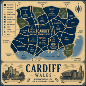 Mortgage Broker in Cardiff Vintage illustrated map poster of Cardiff, Wales, with a cream parchment background and dark navy neighbourhood areas centred on Cardiff Town Centre. The map shows labelled roads, railway line, Cardiff Central Station, Cardiff Bus Station, shopping areas, universities, churches, parks, green spaces and Cardiff Bay. Surrounding areas include Llandaff, Cathays, Roath, Splott, Adamsdown, Canton, Grangetown, City Centre West and East Moors. Key landmarks include Cardiff Castle, Millennium Stadium, St David’s Dewi Sant Shopping Centre, Cardiff University, Cardiff Met, Llandaff Cathedral, Bute Park, Roath Park, Sophia Gardens, Wales Millennium Centre and Cardiff Bay Barrage. A decorative lower panel reads “CARDIFF, WALES” with engraved-style illustrations of Cardiff Castle and Wales Millennium Centre, plus the subtitle “A vibrant capital city rich in history and culture.”