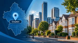 Mortgage Broker in Croydon location map with Croydon pin, modern flats and residential homes.