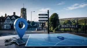 Mortgage Broker in Dunstable location image featuring Dunstable town centre, local landmarks, a map pin and house keys.