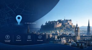 Mortgage Broker in Edinburgh with Edinburgh Castle, city skyline, location pin and mortgage service icons.