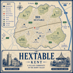 Mortgage Broker in Hextable Illustrated blue and cream vintage-style map poster of Hextable, Kent, showing the BR8 Hextable area with local roads, railway line, Hextable station, car parks, shopping areas, schools, churches, and surrounding directions to Swanley, Dartford, Farningham and Eynsford. The map highlights Hextable Village Centre, Hextable Parade, Hextable Primary School, The Views Learning Centre, St Peter’s Church, Hextable Garden Centre, Hextable Golf Club, Hextable Woods, Hextable Heath, Parks Wood, and Hextable Recreation Ground and Play Area. A large title panel at the bottom reads “HEXTABLE KENT” with decorative illustrations of St Peter’s Church and Hextable Village Green.