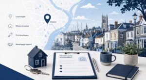 Mortgage Broker in Ipswich with local property map, mortgage agreement, house model and homebuyer support icons.