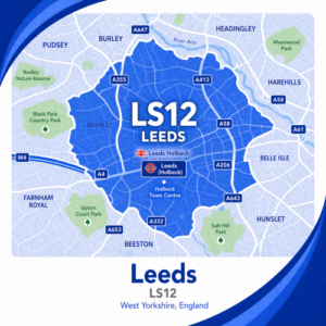 Mortgage Broker in Leeds A square, blue-themed postcode map of Leeds focusing on LS12, styled with curved branded borders. The map highlights postcode area LS12. Major roads such as the A58, A643, A647, and A6110 are labelled. Leeds Holbeck area is marked near the centre, with the River Aire running along the northern section. Nearby areas such as Bramley, Beeston, Hunslet, and Headingley are labelled, with green spaces like Rodley Nature Reserve and nearby parks shown. The design uses layered blue tones with white text and clean boundary lines for clarity.