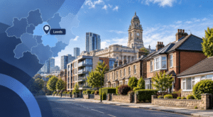 Mortgage Broker in Leeds hero image featuring a Leeds location map and pin, mixed residential property types, and a recognisable Leeds city backdrop.