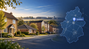 Mortgage Broker in Lyneham hero image showing local Wiltshire homes, Lyneham location marker and map detail.