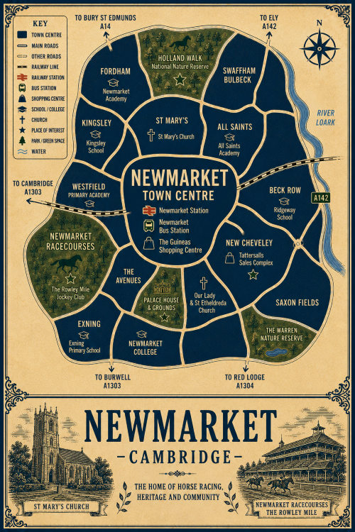 Mortgage Broker in Newmarket Vintage illustrated map poster of Newmarket, with a cream parchment background and dark navy neighbourhood areas centred on Newmarket Town Centre. The map shows labelled roads, railway line, Newmarket Station, bus station, shopping centre, schools, churches, parks, green spaces and the River Lark. Surrounding areas include Fordham, Swaffham Bulbeck, Beck Row, New Cheveley, Saxon Fields, Exning, The Avenues, Kingsley and St Mary’s. Key landmarks include The Guineas Shopping Centre, Newmarket Racecourses, The Rowley Mile Jockey Club, Palace House and Grounds, Tattersalls Sales Complex, Holland Walk National Nature Reserve and The Warren Nature Reserve. A decorative lower panel reads “NEWMARKET, CAMBRIDGE” with engraved-style illustrations of St Mary’s Church and Newmarket Racecourses, plus the subtitle “The home of horse racing, heritage and community.”