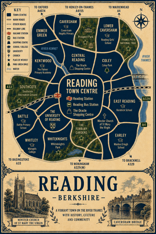 Mortgage Broker in Reading Vintage illustrated map poster of Reading, Berkshire, with a cream parchment background and dark navy neighbourhood areas centred on Reading Town Centre. The map shows labelled roads, railway line, Reading Station, Reading Bus Station, shopping centres, schools, university areas, churches, parks, green spaces and the River Thames and River Kennet. Surrounding areas include Caversham, Lower Caversham, Coley, East Reading, Earley, Whiteknights, Whitley, Battle, Southcote, Kentwood and Central Reading. Key landmarks include The Oracle Shopping Centre, the University of Reading, Minster Church of St Mary the Virgin, Kendrick School, Reading Girls’ School, Forbury Gardens, Prospect Park, Whiteknights Park, Southcote Recreation Ground and the Thames Path National Trail. A decorative lower panel reads “READING, BERKSHIRE” with engraved-style illustrations of Minster Church of St Mary the Virgin and Caversham Bridge, plus the subtitle “A vibrant town on the River Thames with history, culture and community.”
