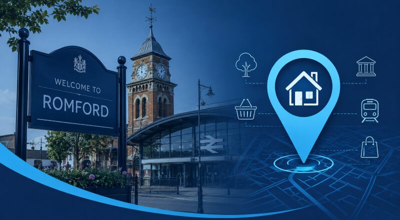 Mortgage Broker in Romford location guide featuring Romford town centre, station, clock tower and local property icons.