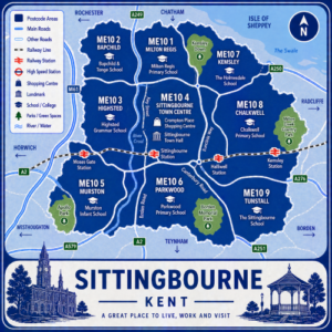 Mortgage Broker in Sittingbourne A square, blue-themed postcode map of Sittingbourne in Kent, styled with curved branded borders. The map highlights postcode areas ME10, including subdivisions such as ME10 1, ME10 2, ME10 3, ME10 4, ME10 5, ME10 6, ME10 7, ME10 8, and ME10 9. Major roads such as the A2, A249, A250, A251, and A276 are labelled. Sittingbourne town centre (ME10 4) is marked near the middle, with Sittingbourne Station indicated. Key landmarks such as The Forum Shopping Centre, Sittingbourne Town Hall, and local schools are shown. Nearby areas including Milton Regis, Kemsley, Murston, Borden, and Teynham are labelled. Green spaces such as Milton Creek Country Park, Borden Memorial Park, and Grove Park are shown in green, with the Swale estuary visible to the north. The design uses layered blue tones with white text and clean boundary lines for clarity.