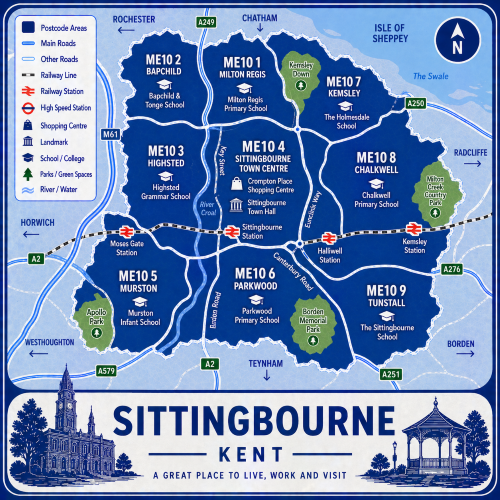Mortgage Adviser in Sittingbourne A square, blue-themed postcode map of Sittingbourne in Kent, styled with curved branded borders. The map highlights postcode areas ME10, including subdivisions such as ME10 1, ME10 2, ME10 3, ME10 4, ME10 5, ME10 6, ME10 7, ME10 8, and ME10 9. Major roads such as the A2, A249, A250, A251, and A276 are labelled. Sittingbourne town centre (ME10 4) is marked near the middle, with Sittingbourne Station indicated. Key landmarks such as The Forum Shopping Centre, Sittingbourne Town Hall, and local schools are shown. Nearby areas including Milton Regis, Kemsley, Murston, Borden, and Teynham are labelled. Green spaces such as Milton Creek Country Park, Borden Memorial Park, and Grove Park are shown in green, with the Swale estuary visible to the north. The design uses layered blue tones with white text and clean boundary lines for clarity.