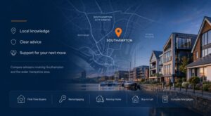 Mortgage Broker in Southampton hero image featuring a Southampton map with location pin, waterfront homes, marina views, and mortgage advice icons for local homebuyers and property investors.