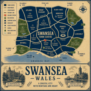 Vintage illustrated map poster of Swansea, Wales, with a cream parchment background and dark navy neighbourhood areas centred on Swansea Town Centre. The map shows labelled roads, railway line, Swansea Station, Swansea Bus Station, shopping areas, churches, university, parks, green spaces and Swansea Bay. Surrounding areas include Uplands, Mount Pleasant, Morriston, Swansea Vale, Llansamlet, Brynmill, Maritime Quarter and the Marina. Key landmarks include Swansea University, Swansea Arena, Quadrant Shopping Centre, St David’s Church, St Joseph’s Cathedral, Swansea.com Stadium, Dylan Thomas Centre, Clyne Gardens, Victoria Park, Cwm Level Park and Penllergare Valley Woods. A decorative lower panel reads “SWANSEA, WALES” with engraved-style illustrations of The Brangwyn Hall and Swansea Castle on the waterfront, plus the subtitle “A coastal city with heritage and heart.”