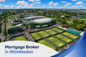 A bright, high-resolution aerial view of Wimbledon on a clear summer’s day, featuring iconic green tennis courts filled with spectators, surrounded by lush trees and suburban London buildings under a vivid blue sky with natural, scattered clouds. A clean, curved white and blue graphic overlay sits at the bottom, displaying the text “Mortgage Broker in Wimbledon” in a modern, bold font, creating a professional and polished promotional design.