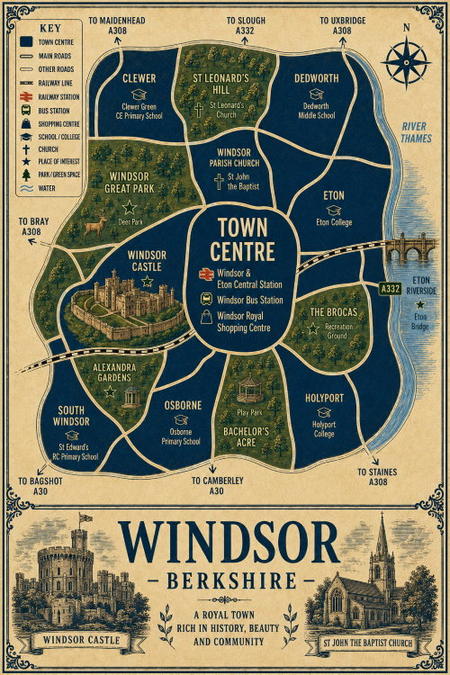 Mortgage Broker in Windsor Vintage illustrated map poster of Windsor, Berkshire, with a cream parchment background and dark navy neighbourhood areas centred on Windsor Town Centre. The map shows labelled roads, railway line, Windsor & Eton Central Station, Windsor Bus Station, shopping centre, schools, churches, parks, green spaces and the River Thames. Surrounding areas include Clewer, St Leonard’s Hill, Dedworth, Eton, South Windsor, Osborne, Bachelor’s Acre and Holyport. Key landmarks include Windsor Castle, Windsor Great Park, Windsor Royal Shopping Centre, St John the Baptist Church, Eton College, Eton Bridge, The Brocas, Alexandra Gardens and Bachelor’s Acre. A decorative lower panel reads “WINDSOR, BERKSHIRE” with engraved-style illustrations of Windsor Castle and St John the Baptist Church, plus the subtitle “A royal town rich in history, beauty and community.”