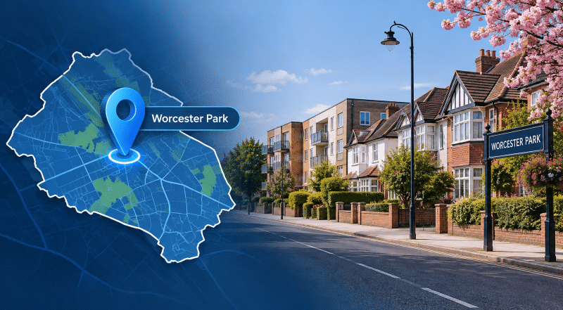 Mortgage Broker in Worcester Park location map with Surrey residential properties and Worcester Park location marker.