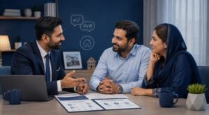 Urdu and Punjabi Mortgage Adviser discussing mortgage options with a South Asian couple.