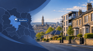 Mortgage Broker in Bradford hero image featuring Bradford City Hall, a mix of local housing styles, and a Bradford location map with pin.