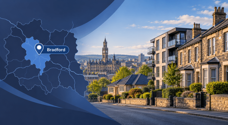 Mortgage Broker in Bradford hero image featuring Bradford City Hall, a mix of local housing styles, and a Bradford location map with pin.