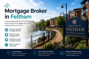 Mortgage Broker in Feltham hero image with local property scene, mortgage advice icons and Connect Experts branded colours.