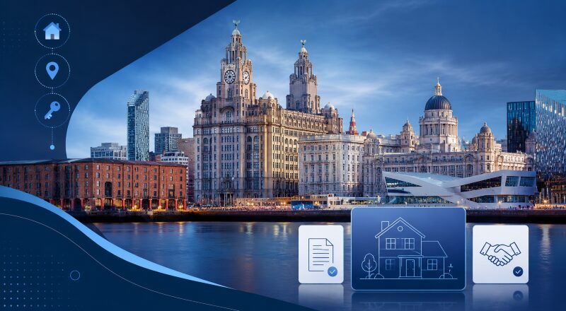 Mortgage Broker in Liverpool with Liverpool waterfront landmarks and home finance icons