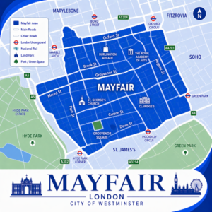 Mortgage Broker in Mayfair A square, blue-themed postcode map of Mayfair in central London, styled with curved branded borders. The map highlights the Mayfair area within the W1 postcode district. Key roads such as Oxford Street, Park Lane, Piccadilly, Regent Street, and Grosvenor Street are labelled. Landmarks including Grosvenor Square, Burlington Arcade, The Royal Academy of Arts, St George’s Church, and Claridge’s are marked. Nearby Underground stations such as Bond Street, Oxford Circus, Marble Arch, Green Park, and Piccadilly Circus are indicated. Surrounding areas including Marylebone, Soho, and St James’s are labelled, with Hyde Park and Green Park shown in green. The design uses layered blue tones with white text and clean boundary lines for clarity.