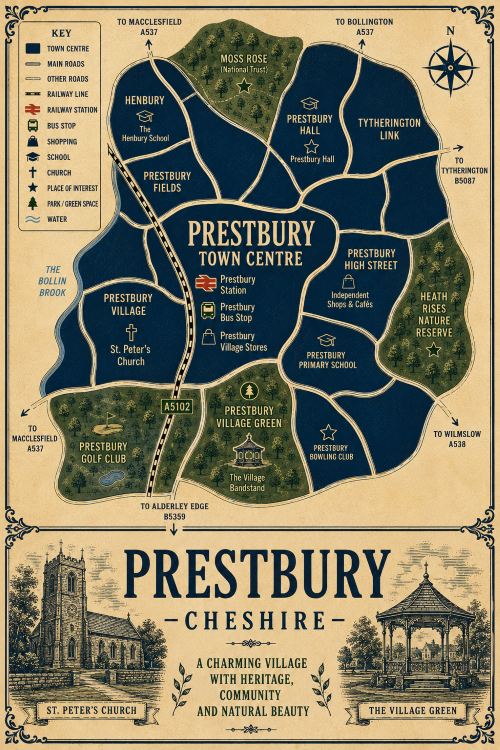 Mortgage Broker in Prestbury Vintage illustrated map poster of Prestbury, Cheshire, with a cream parchment background and dark navy neighbourhood areas centred on Prestbury Town Centre. The map shows labelled roads, railway line, Prestbury Station, bus stop, shops, schools, churches, parks, green spaces and the Bollin Brook. Surrounding areas include Henbury, Prestbury Fields, Prestbury Village, Prestbury Hall, Tytherington Link, Prestbury High Street and Prestbury Primary School. Key landmarks include St Peter’s Church, Prestbury Village Stores, independent shops and cafés, Prestbury Village Green, The Village Bandstand, Prestbury Golf Club, Heath Rises Nature Reserve, Moss Rose, Prestbury Hall and Prestbury Bowling Club. A decorative lower panel reads “PRESTBURY, CHESHIRE” with engraved-style illustrations of St Peter’s Church and The Village Green, plus the subtitle “A charming village with heritage, community and natural beauty.”
