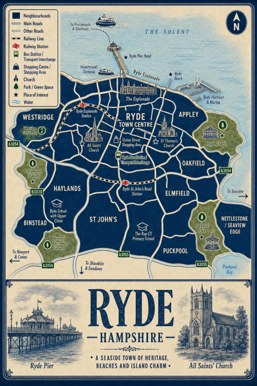 Mortgage Broker in Ryde Vintage illustrated map poster of Ryde, Hampshire, with a cream parchment background and dark navy neighbourhood areas centred on Ryde Town Centre. The map shows labelled roads, railway lines, Ryde Esplanade Station, Ryde St John’s Road Station, Ryde Pier Head, bus and transport interchange, ferry routes, shopping areas, churches, parks, beaches, harbour, marina and coastal waters. Surrounding areas include Westridge, Appley, Oakfield, Elmfield, St John’s, Haylands, Binstead, Puckpool and Nettlestone/Seaview Edge. Key landmarks include Ryde Pier, The Esplanade, Hovertravel Terminal, Union Street Shopping Area, All Saints’ Church, St Thomas’s Church, Ryde Beach, Appley Park, Puckpool Park, Smallbrook Stadium and Ryde Harbour and Marina. A decorative lower panel reads “RYDE, HAMPSHIRE” with engraved-style illustrations of Ryde Pier and All Saints’ Church, plus the subtitle “A seaside town of heritage, beaches and island charm.”