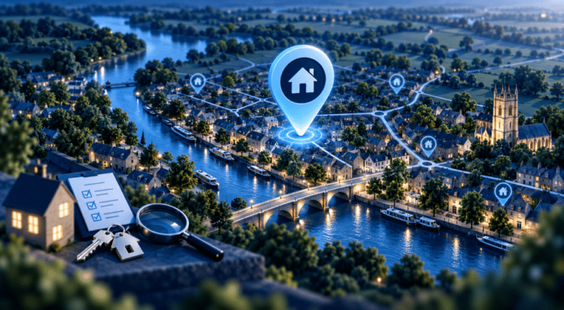 Mortgage Broker in St Ives – Cambridgeshire location map with home search pin, river, bridge and local property icons