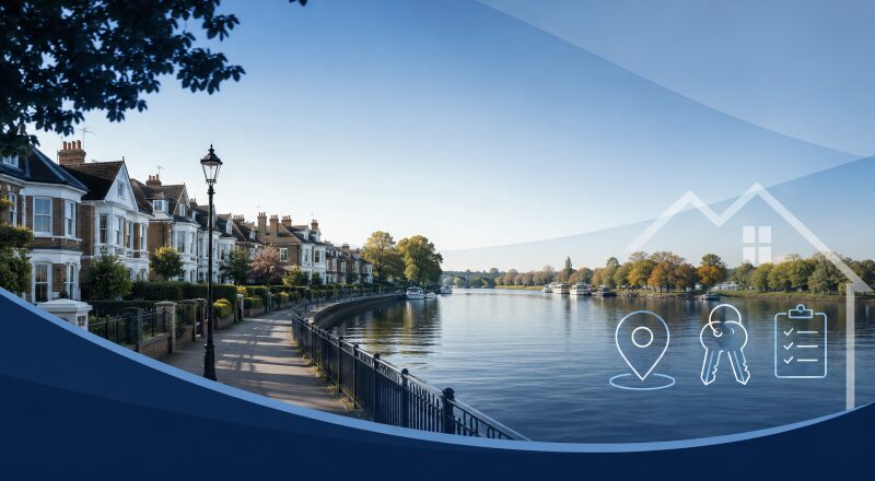 Mortgage Broker in Walton-On-Thames with riverside homes, property keys, location pin and mortgage checklist icons