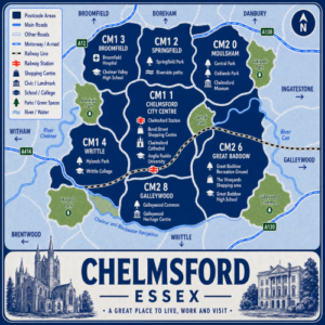 Mortgage Advisor in Chelmsford Illustrated blue and white vintage-style map poster of Chelmsford, Essex, showing CM postcode areas including CM1 Chelmsford City Centre, Broomfield, Springfield, Writtle, Moulsham, Great Baddow, and Galleywood. The map includes major roads such as the A12, A130, A414, and A138, railway lines, Chelmsford Station, parks, rivers, shopping areas, schools, and landmarks such as Chelmsford Cathedral, Anglia Ruskin University, Chelmsford Museum, Hylands Park, Central Park, and Galleywood Common. A large title panel at the bottom reads “CHELMSFORD ESSEX” with decorative illustrations of Chelmsford Cathedral and a historic civic building.
