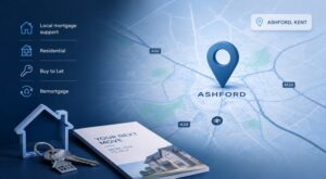 Mortgage Broker in Ashford, Kent with local mortgage support, residential, buy-to-let and remortgage services illustrated with a location map and property icons.