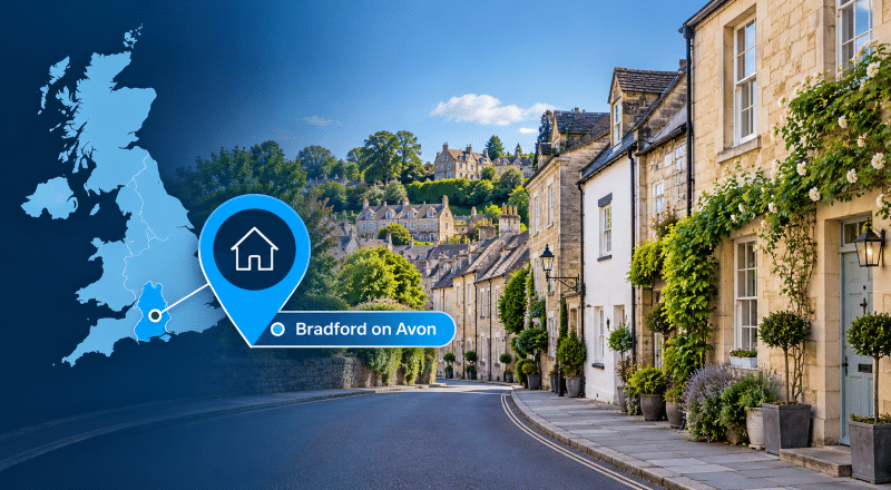 Mortgage Broker in Bradford-on-Avon location map with traditional Wiltshire stone homes and a quiet residential street.