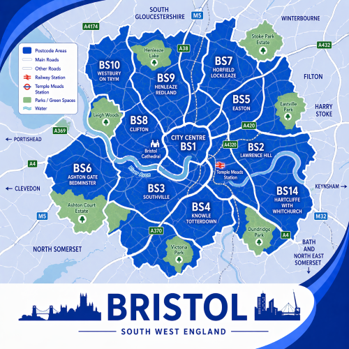 Mortgage Advisor in Bristol A square, blue-themed postcode map of Bristol in South West England, styled with curved branded borders. The map highlights postcode areas including BS1, BS2, BS3, BS4, BS5, BS6, BS7, BS8, BS9, BS10, and BS14. Major roads such as the M5, M32, A4, A38, A370, A420, and A4320 are labelled. Bristol city centre (BS1) is marked near the middle, with Temple Meads Station indicated. The River Avon winds through the city. Surrounding areas such as Clifton, Redland, Easton, Southville, Bedminster, and Horfield are labelled. Green spaces including Ashton Court Estate, Leigh Woods, Victoria Park, Stoke Park Estate, and Eastville Park are shown in green. The design uses layered blue tones with white text and clean boundary lines for clarity.