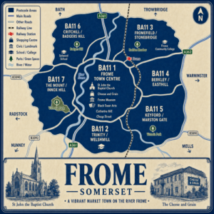 Mortgage Broker in Frome Illustrated blue and cream vintage-style map poster of Frome, Somerset, showing BA11 postcode areas including BA11 1 Frome Town Centre, BA11 2 Trinity and Welshmill, BA11 3 Fromefield and Stonebridge, BA11 4 Berkley and Easthill, BA11 5 Keyford and Marston Gate, BA11 6 Critchill and Badgers Hill, and BA11 7 The Mount and Innox Hill. The map includes major roads such as the A361, A362, B3090 and B3092, the railway line and Frome station, the River Frome, parks and green spaces, and landmarks including St John the Baptist Church, The Cheese and Grain, Frome Museum, Black Swan Arts, Catherine Hill, Cheap Street, Selwood School and Frome Community College. A large title panel at the bottom reads “FROME SOMERSET” with decorative illustrations of St John the Baptist Church and The Cheese and Grain.