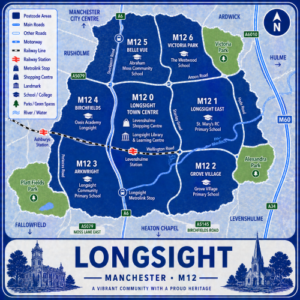 A square, blue-themed postcode map of Longsight in Manchester, styled with curved branded borders. The map highlights postcode area M12, including subdivisions such as M12 0 (Longsight town centre), M12 1 (Longsight East), M12 2 (Grove Village), M12 3 (Ardwick/Arkwright area), M12 4 (Birchfields), M12 5 (Belle Vue), and M12 6 (Victoria Park). Major roads such as the A6 (Stockport Road), A34, A6010, and A5079 are labelled. Longsight town centre is marked near the middle, with Levenshulme Station, Ashburys Station, and a Metrolink stop indicated. Key landmarks such as Levenshulme Shopping Centre, Longsight Library & Learning Centre, and local schools are shown. Nearby areas including Rusholme, Ardwick, Levenshulme, Fallowfield, and Manchester city centre are labelled. Green spaces such as Platt Fields Park, Victoria Park, and Alexandra Park are shown in green, with the River Medlock running through the area. The design uses layered blue tones with white text and clean boundary lines for clarity.