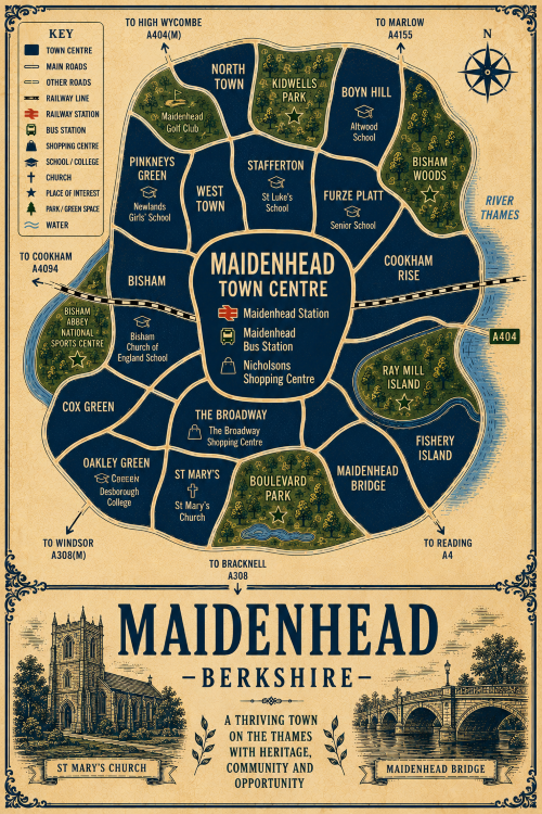 Mortgage Adviser in Maidenhead Vintage illustrated map poster of Maidenhead, Berkshire, with a cream parchment background and dark navy neighbourhood areas centred on Maidenhead Town Centre. The map shows labelled roads, railway line, Maidenhead Station, Maidenhead Bus Station, shopping centres, schools, churches, parks, green spaces and the River Thames. Surrounding areas include Boyn Hill, Furze Platt, St Mark’s, Altwood, Salt Hill, Norreys, Courtlands and Shoppenhangers Road. Key landmarks include Nicholsons Shopping Centre, O’Neill’s Shopping Centre, Maidenhead Heritage Centre, Kidwells Park, Maidenhead Thameside Common, Bisham Bird Sanctuary, Cliveden Reach, St Mark’s Church, All Saints Church, Furze Platt Senior School, Newlands Girls’ School and Desborough College. A decorative lower panel reads “MAIDENHEAD, BERKSHIRE” with engraved-style illustrations of All Saints Church and Maidenhead Bridge, plus the subtitle “A vibrant town on the Thames with heritage, community and opportunity.”