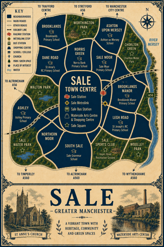 Mortgage Adviser in Sale M33 Vintage illustrated map poster of Sale, Greater Manchester, with a cream parchment background and dark navy neighbourhood areas centred on Sale Town Centre. The map shows labelled roads, railway line, Sale Station, Sale Metrolink, Sale Bus Station, shopping centre, schools, churches, parks, green spaces and the River Mersey. Surrounding areas include Brooklands, Dane Road, Ashton upon Mersey, Sale Moor, Brooklands Manor, Leigh Road, South Sale, Northern Moor, Ashley and Norris Green. Key landmarks include Waterside Arts Centre and Shopping Centre, Sale Square, St Anne’s Church, Walton Park, Worthington Park, Chorlton Water Park, Sale Water Park, Sale Sports Club and Woolley Park. A decorative lower panel reads “SALE, GREATER MANCHESTER” with engraved-style illustrations of St Anne’s Church and Waterside Arts Centre, plus the subtitle “A vibrant town with heritage, community and green spaces.”